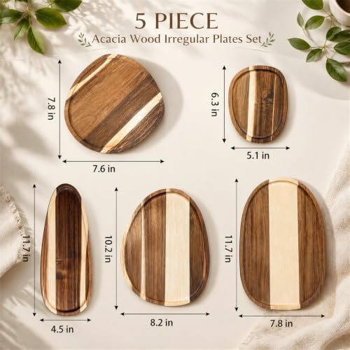 Okllen Set of 5 Small Acacia Wood Serving Platter and Trays, Irregular Oval Solid Wood Plates Serving Tray, Lightweight Wood Dinner Plates for Breakfast, Coffee, Tea, Snack, 6.3~11.7" L, 5.1~8.2" W - Image 2