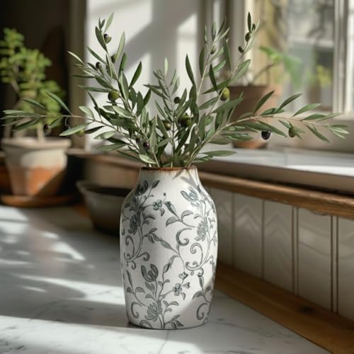 SIDUCAL Ceramic Vintage Vase, 7 Inch Retro Ice Cracked Chinoiserie Floral Vase, Rustic Farmhouse Vases for Home Decor, Bookshelf, Office, Garden, Chinoiserie Decor, Tuscan Decor, Gray Floral Pattern - Image 6