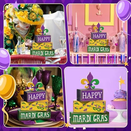 Moucuny 4 Pcs Mardi Gras Wooden Block Signs Tiered Tray Farmhouse Table - Image 3