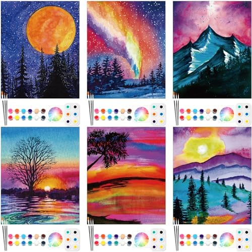 Dinifee 6 Pack Pre Drawn Canvas for Painting Pre Printed Canvas Kit 8 x 10 Inch Stretched Cotton Paint and Sip Set for Adults Couple Party Graduation Summer Date Night(Scenery) by Dinifee