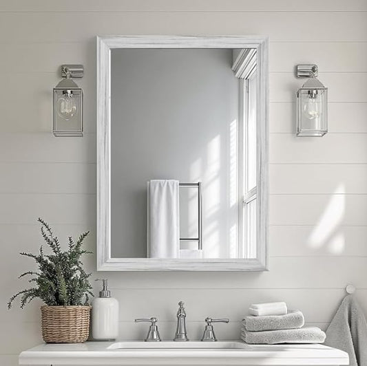 White Wood Effect Framed Wall Mirror, 24x32 Rectangle Mirror, Anti-desilvering Tempered Glass, Sustainable& Sturdy Frame, Anti-Rust, HD Reflection &3min Fast Setup for Bathroom Living Room