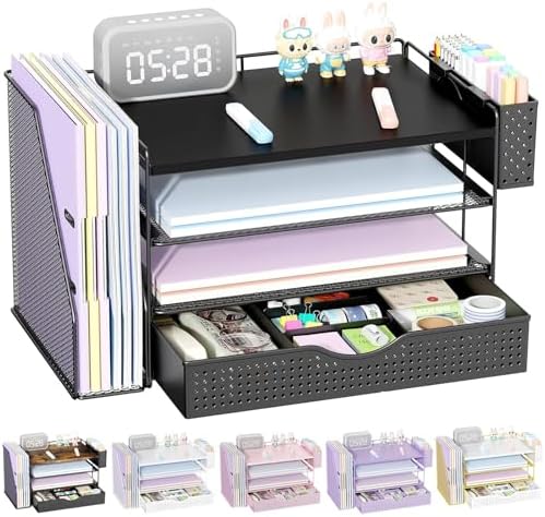 Wood Desk Organizers and Accessories with File Holder, 4-Tier Desk Accessories & Workspace Organizers with Drawer and Pen Holder, Desk Reference Organizer (Black, 4T with Drawer) by gianotter