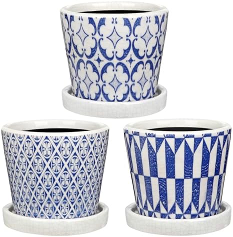 Small Ceramic Pots for Plants, 4.7 inch Blue and White Plant Pot Indoor with Drainage & Saucer Set of 3 Ceramic Planters for Indoor Plants Succulent Pot Decorative Flower Pots for Cactus, Orchid, Herb by Oairse