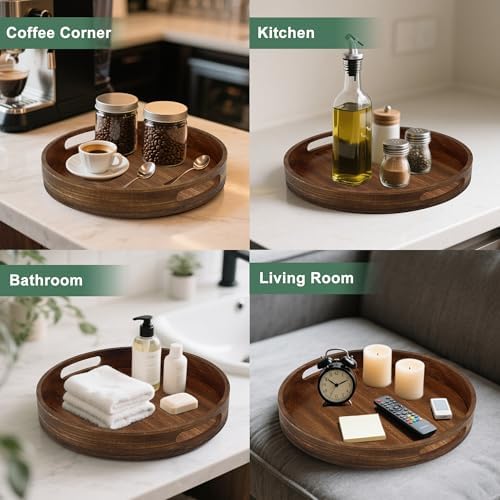 11.8" Round Wooden Decorative Tray with Handles,Wood - Image 2