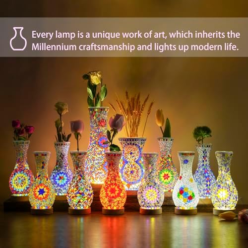 Mosaic Vase Lamp, Turkish Table Lamp with Wood Base, USB LED - Image 5