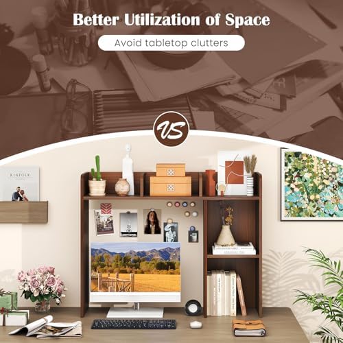GIANTEX Desktop Bookshelf, Wood Desk Hutch Organizer for 27 Inch Computer Monitor, Countertop Storage Display Rack with 5 Shelves, Multipurpose Desktop Shelf Bookcase for Dorm Office Home, Walnut - Image 6