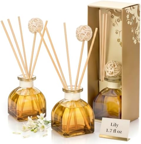 Lily Reed Diffuser Set, 2 Pack 1.7 fl oz Glass Bottles, 5 Rattan Sticks & Rattan Ball, Plant-Based Non-Toxic Essential Oil, Elegant Long-Lasting Home Fragrance for Bedroom Bathroom by WOHSEROM