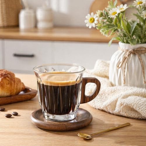 Glass Coffee Cup Set with Wooden Handle and Wooden Saucer, Clear Latte Cappuccino Espresso Mug, Heat Resistant Drinkware Gift for Home Office Café Use - Image 4
