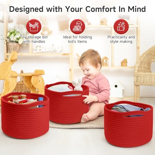 3 Pack Small Rope Storage Baskets, 9.82×9.82×7.1", Red - Image 3