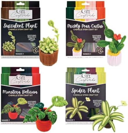 WeVeel Cozy Craftworks Four Small Plants Chenille Stem Craft Kit Bundle for Teens & Adults – Mindful DIY Plant Craft, Tactile Pipe Cleaner Art Kit with QR Video Tutorials by WeVeel