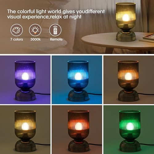 Modern RGB Glass Table Lamp with Remote，Color Changing Bedside Lamp with Ribbed Glass Shade, 16 Colors, On/Off Cord Switch, Nightstand Lamp for Bedroom, Living Room, Office, Bulb Included - Image 3