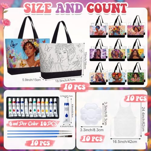10 Set Paint and Sip Canvas Bags Pre Drawn Kit,Flower Women - Image 4