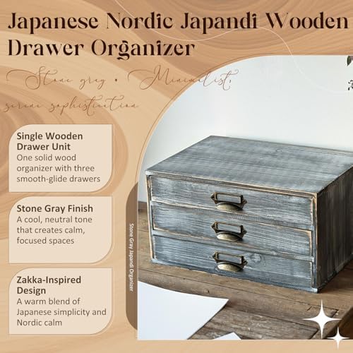 Stackable Modular Desktop Drawer Organizer, Solid Wood Grey 3-Drawer Storage Unit with Label Pull Handles, Stone Gray Japandi Style, Expandable by Adding More Units for Clutter-Free Spaces - Image 3