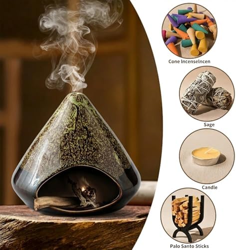 Handcrafted Ceramic Palo Santo Holder –Artistic Incense Burner for Meditation, Mindfulness & Zen Home Decor – Wabi-Sabi Style Cone Sculpture, Relaxation & Aromatherapy-Gift for Yoga (Green) - Image 6
