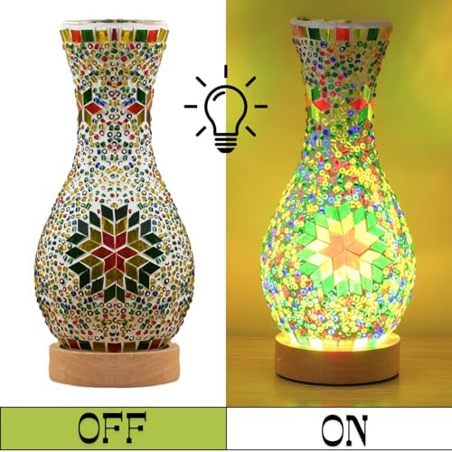 Mosaic Vase Lamp, Turkish Table Lamp with Wood Base, USB LED - Image 3