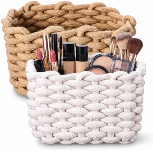 Tiny Basket 2 Pack Handwoven Cotton Rope Storage Bins, Small Baskets for Gifts, White & Light Brown, 7.7x5.1x6.1 Inch, Minimalist Boho Decor for Vanity Desk Bathroom Bedroom Organizer by Unknown