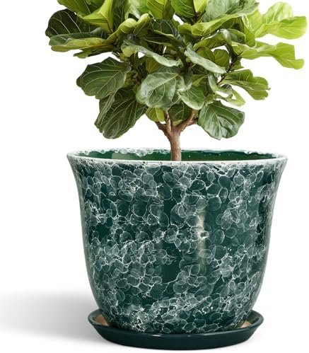 Ceramic Planter - 12 Inch Pots for Plants with Drainage Hole and Saucer, Round Planter for Indoor Outdoor, Large Plant Pot, Modern Planters, Garden Patio Decor, House Warming Gifts, Green by SUNPOTFOR