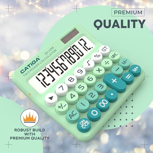 CATIGA Mechanical Switch Calculator with Solar and Battery Dual Power, 12-Digit Large LCD Display, Aesthetic and Cute Desktop Calculator with Big Button, for Home, School and Office Use, SD-1299 - Image 2