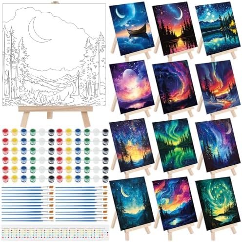 Tenceur 12 Sets Pre Drawn Canvas to Paint Adult Stretched Coloring Painting Canvas Panels with Design Easel and Brushes for Party Supplies Beginner Favor(Starry Aurora) by Tenceur