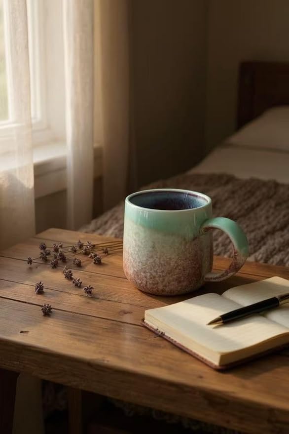 Handcrafted Ceramic Coffee Mug, Mint Blue and Pink, Textured Surface, Modern Design