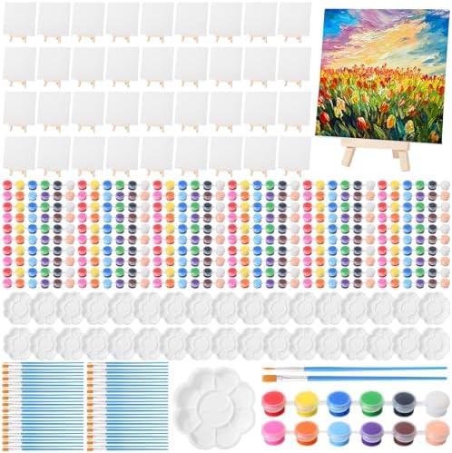 Qilery 36 Set 6 x 6 Inch Mini Canvas Boards with Easel Painting Kit, Acrylic Paints Strips, Brushes, Palette, Oil Art Set for Acrylic Birthday Party Favors by Qilery