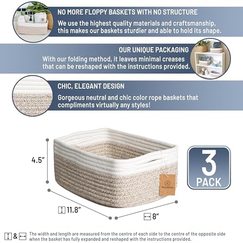 NaturalCozy 11.8"x8"x4.5” Storage Baskets for Shelves 3 Pack | Cotton Rope Woven Small Baskets for Organizing | Small Storage Bins for Nursery, Bathroom, Closet, Cube Shelf, Decorative, Gift Basket - Image 2