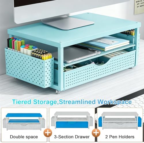 gianotter Desk Organizers and Accessories, Monitor Stand with Drawer and 2 Pen Holder, Desktop Organizer Suitable for Offices and Dormitories (Blue-Plain) - Image 3