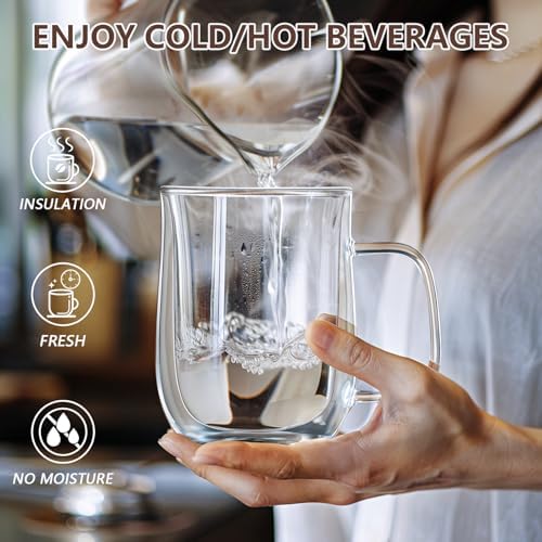 Double Walled Glass Coffee Mugs 16 OZ, Borosilicate Glass Coffee Cups Set of 4 with Spoons, Insulated Clear Coffee Mug for Hot Beverages, Cappuccino, Latte, Tea Bag. - Image 4