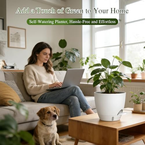 Self Watering Pots with Drainage Holes, 2 Pack 8 Inch Plant Pots with Water Level Indicator Deep Reservoir, Large Plastic Planter for Indoor Outdoor Plants - White - Image 5