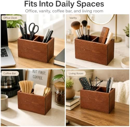 Wooden Pen Holder for Desk, Double‑Slot Walnut Finish Pencil Organizer - Image 6