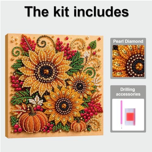 DIY Pearl Painting Kit for Adults, Autumn Sunflowers Fall Art with Wood Frame, 20x20cm Self-Adhesive Pearl Diamond Craft, Autumn Wall Decor Gift for Women, Beginners Relaxing Hobby Kit - Image 5