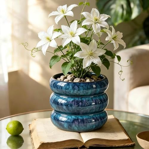Ceramic Plant Pot Indoor, 6.5 Inch Flower Pot with Drainage Hole, Tiered Bubble Design Ceramic Planter for Home & Office Decor (Blue) - Image 2