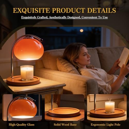 Topyond Aroma Wax Melting Lamp, Retro Wood Glass Candle Warmer，Orange Red - Image 4
