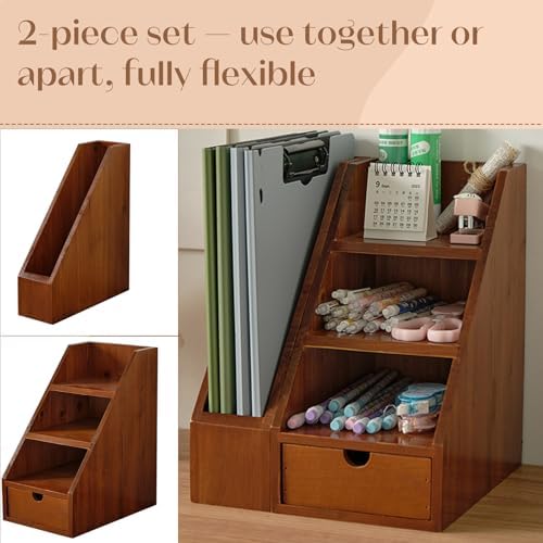 Vintage Wooden Desk Organizer Set of 2 - Wood Desktop File Holder & Shelf with Drawer - Rustic Office Storage for Books, Folders, Mail & Supplies - Matching Organizer for Home Office Desk - Image 4