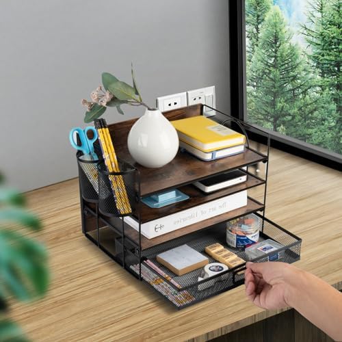 4 Tier Desk Organizers and Accessories, Paper Letter Tray Organizer,Vintage Wood Desk File Organizer with Drawer and 2 Pen Holders for School Home Office Supplies - Image 2
