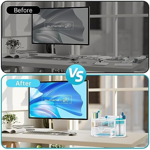 Mesh Desk Organizer with Drawer, 9-Compartment Pen Holder for Desk, White - Image 7