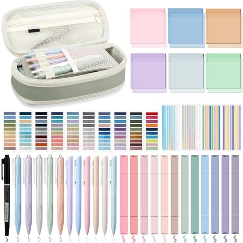 135 Pcs Book Annotation Kit with Pencil Case, 12 Pastel Highlighters, 11 Gel Pens, Fine Marker, 300 Transparent Sticky Notes, 2640 Index Tabs, Bible Study Supplies Kit(Classic,Light Green) by Trandraft