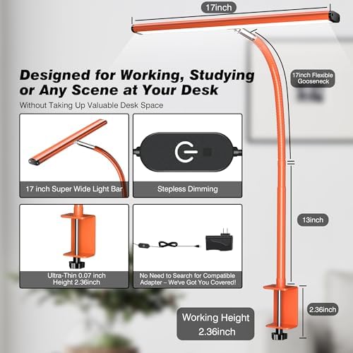 Airlonv LED Desk Lamp with Clamp, 17" Stepless Dimming Light, Orange - Image 3