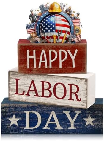Moucuny 4 Pcs Labor Day Red White Blue Wooden Block Signs Table Decor by Moucuny