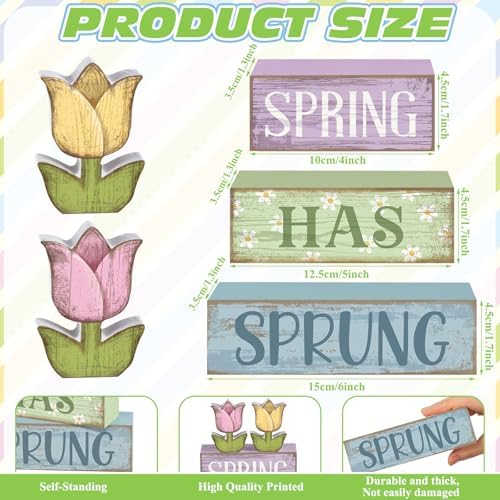 Moucuny 4 Pcs Spring Wooden Block Signs Farmhouse Tray Decor Tulips - Image 3