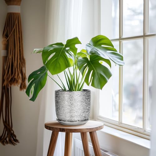 Ceramic Flower Pot - 7 Inch Ceramic Plant Pot for Indoor Flowers, Modern Outdoor Round Planter with Drainage Hole and Saucer, Gifts for Plant Lovers, Home Garden Decor, Silver - Image 6