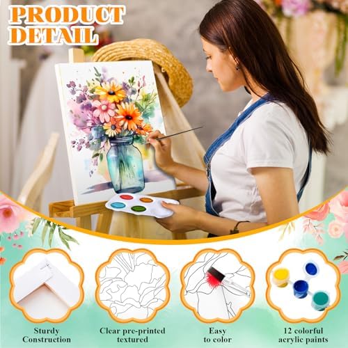 Humyoun 8 Sets 8" x 10" Flower Pre Drawn Canvas to Paint for Sip and Paint Party Floral Predrawn Coloring Set Pre Sketched Canvas Boards with Paints and Brushes for Adult - Image 3