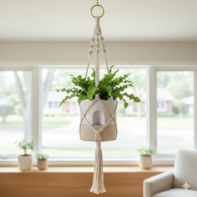 Nihow Self Watering Plant Pot: 6 Inch Ceramic Planter with Drainage Hole & Water Storage Plus - Relief Design Self Watering Pot for Indoor Plants - Beige & Nature Flower Pot