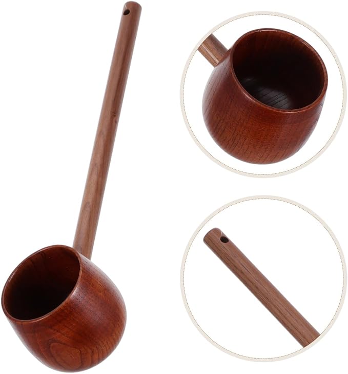 Kichvoe Hishaku Wood Water Ladle - 11.8" Long Handle Japanese Style Dipper | Bath/Sauna Scoop, Deep Serving Soup Spoon for Garden Tea Ceremony