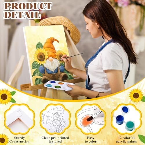 Humyoun 8 Sets 8" x 10" Sunflower Pre Drawn Canvas to Paint for Sip and Paint Party Sunflower Predrawn Coloring Set Pre Sketched Canvas Boards with Paints and Brushes for Adult - Image 3