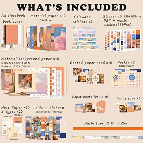 Draupnir Aesthetic Scrapbook Kit(348pcs), Bullet Junk Journal Kit with Journaling/Scrapbooking Supplies, Stationery,A6 Grid Notebook with Graph Ruled Pages DIY Scrapbook Gift for Teen Girl Kid(Sunset) - Image 2