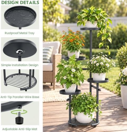 TOSKING Tall 5-Tier Round Metal Corner Plant Stand Indoor, Anti-Tip, Gray - Image 4