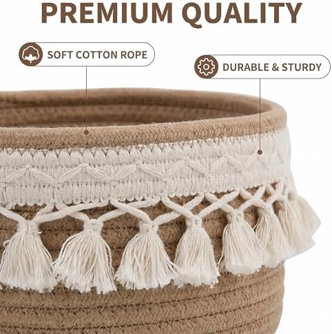 3 Pack Woven Basket,Macrame Makeup Basket,Boho Vanity Cosmetics Desk Storage Baskets,Natural Cotton Rope Pantry Table Organizer Bins for Bedroom Living Room Bathroom School Shelves Office Desk - Image 2