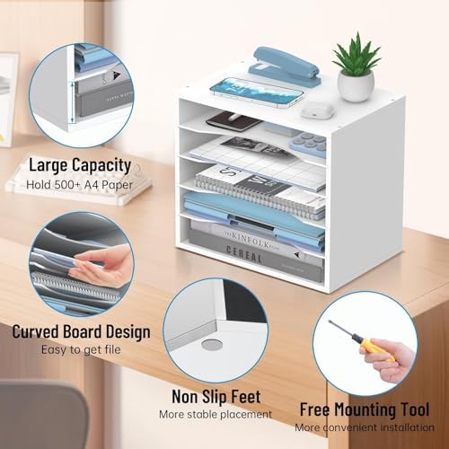 5-Tier Wood Desk Organizer, Paper Tray Organizer for Desk with Adjustable Storage Shelves, Desktop Mail Organizer and Paper Sorter Mail Holder for Office Home Classroom, White (Pack of 2) - Image 5