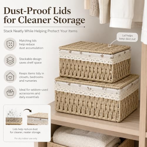 Wicker Basket with Lid & Liner for Counter, Woven Storage basket Set of 3 - Image 3